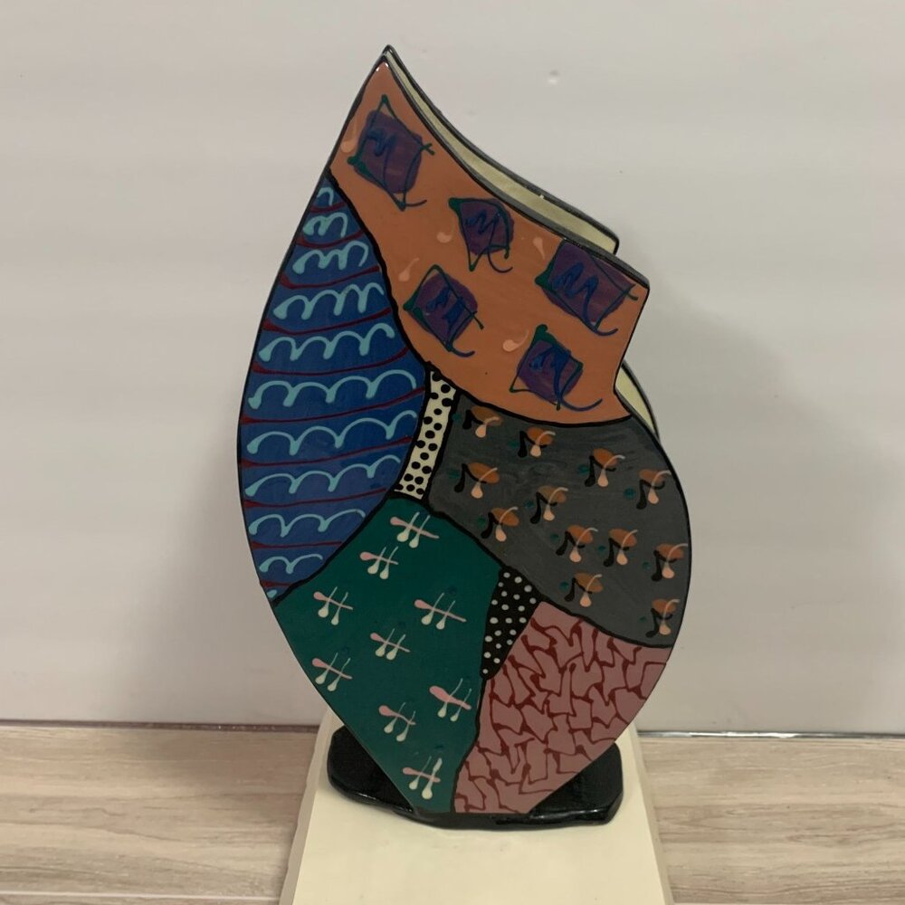 John And Camille Staropoli Abstract Art Funky Patchwork Vase Artist Signed